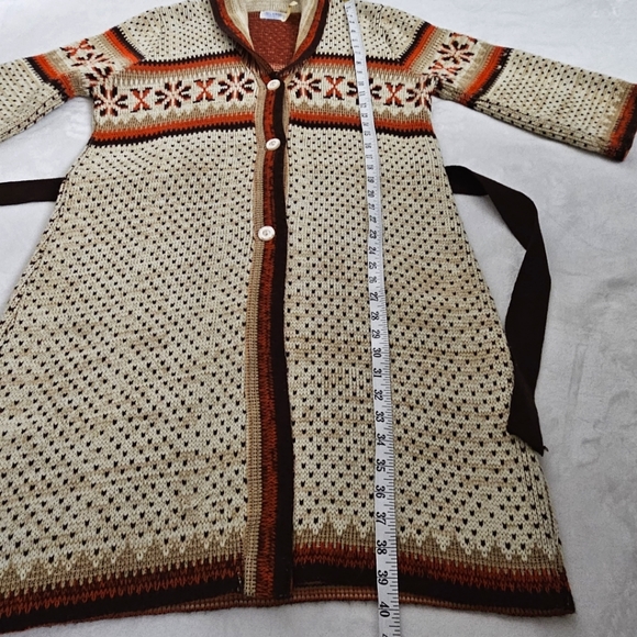 Vintage Boho 60's 70's Fall Color Aztec Button Front Belted Cozy Long Sweater - Picture 10 of 14